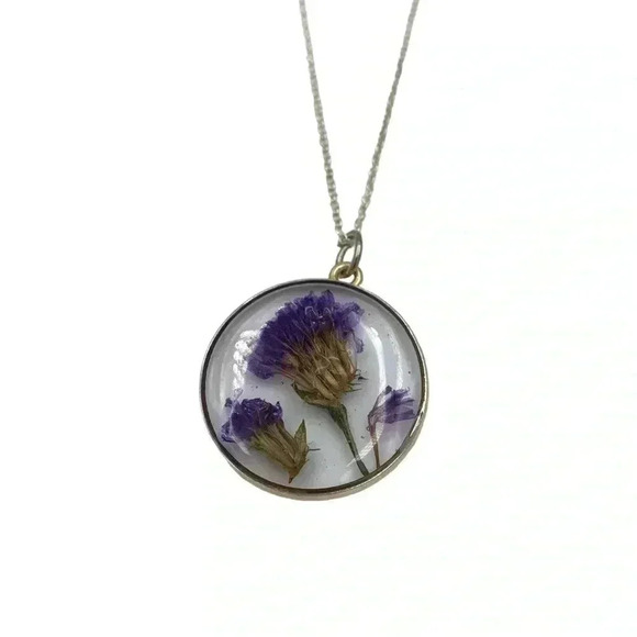 Floral Preservation Art-to-Wear Statement Necklace Forget Me Not Resin Pendant - Picture 2 of 7